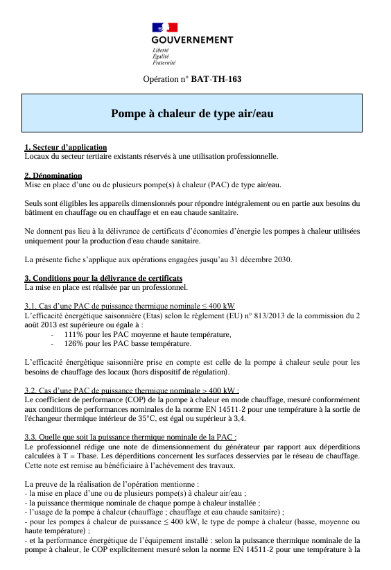 BAT-TH-163 : Pompe à Chaleur Air/Eau – Prime CEE