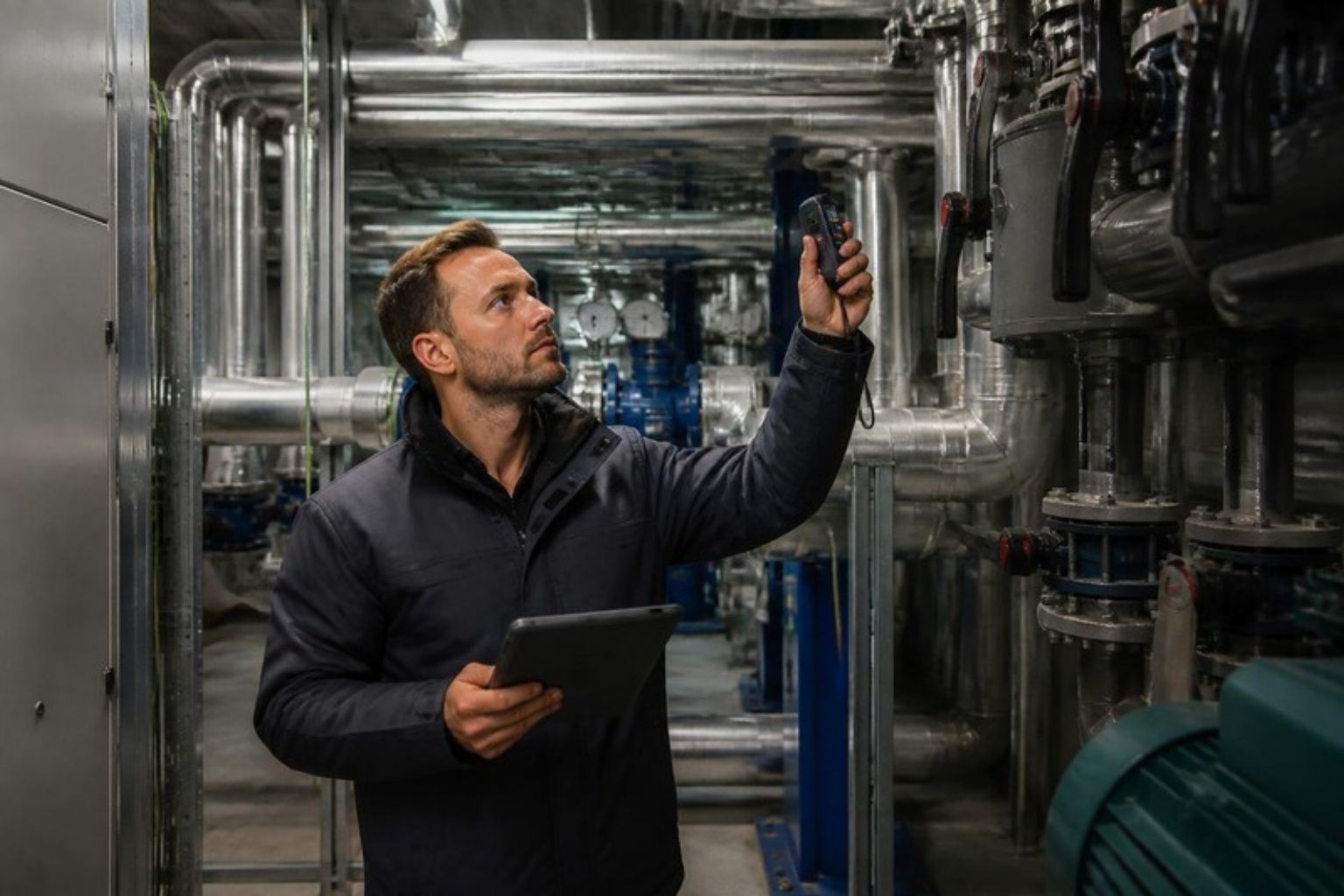 Technicien dans un local technique où sont installés les équipements de froid