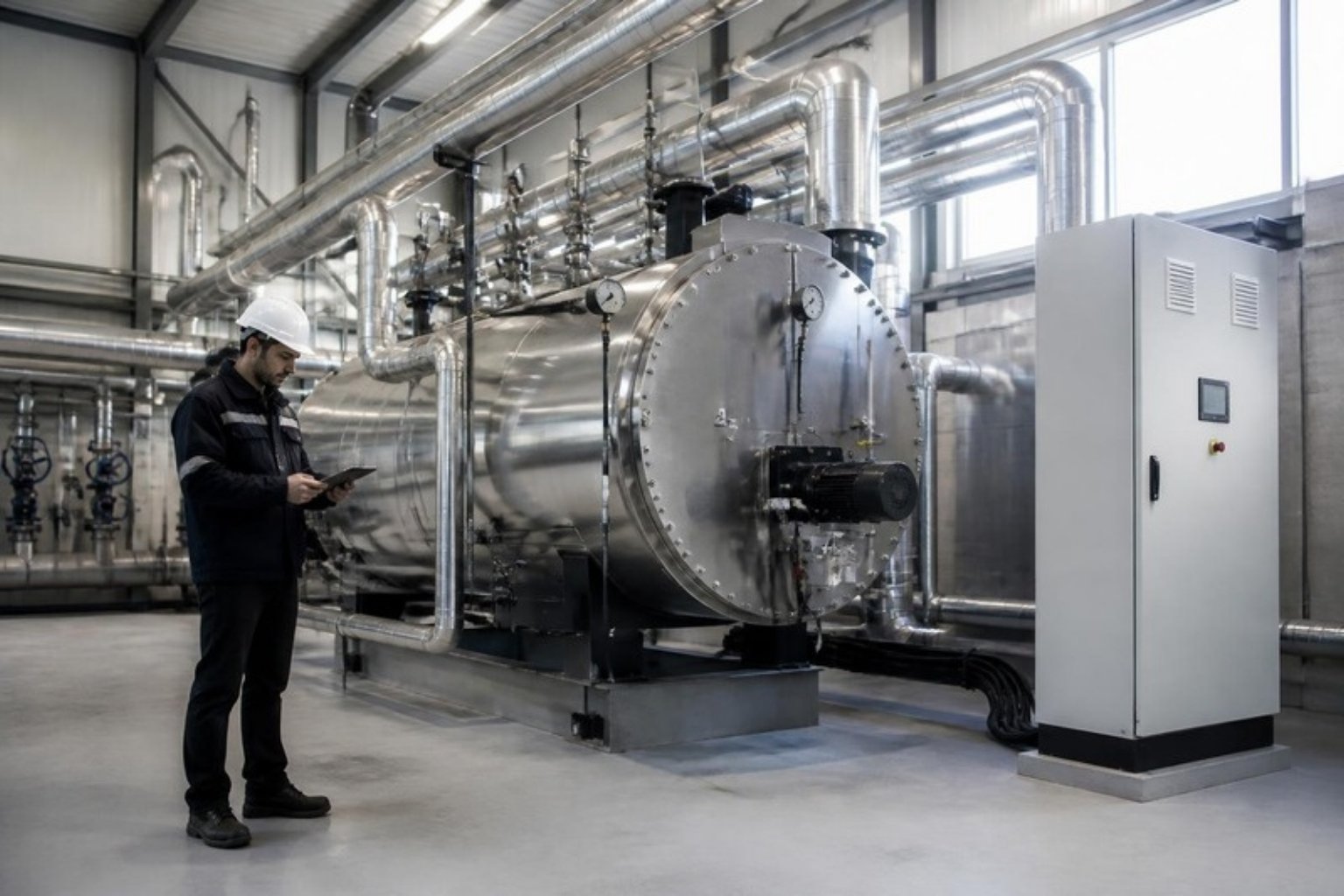 Technicien devant une chaudière industrielle électrique dans une chaufferie d’usine
