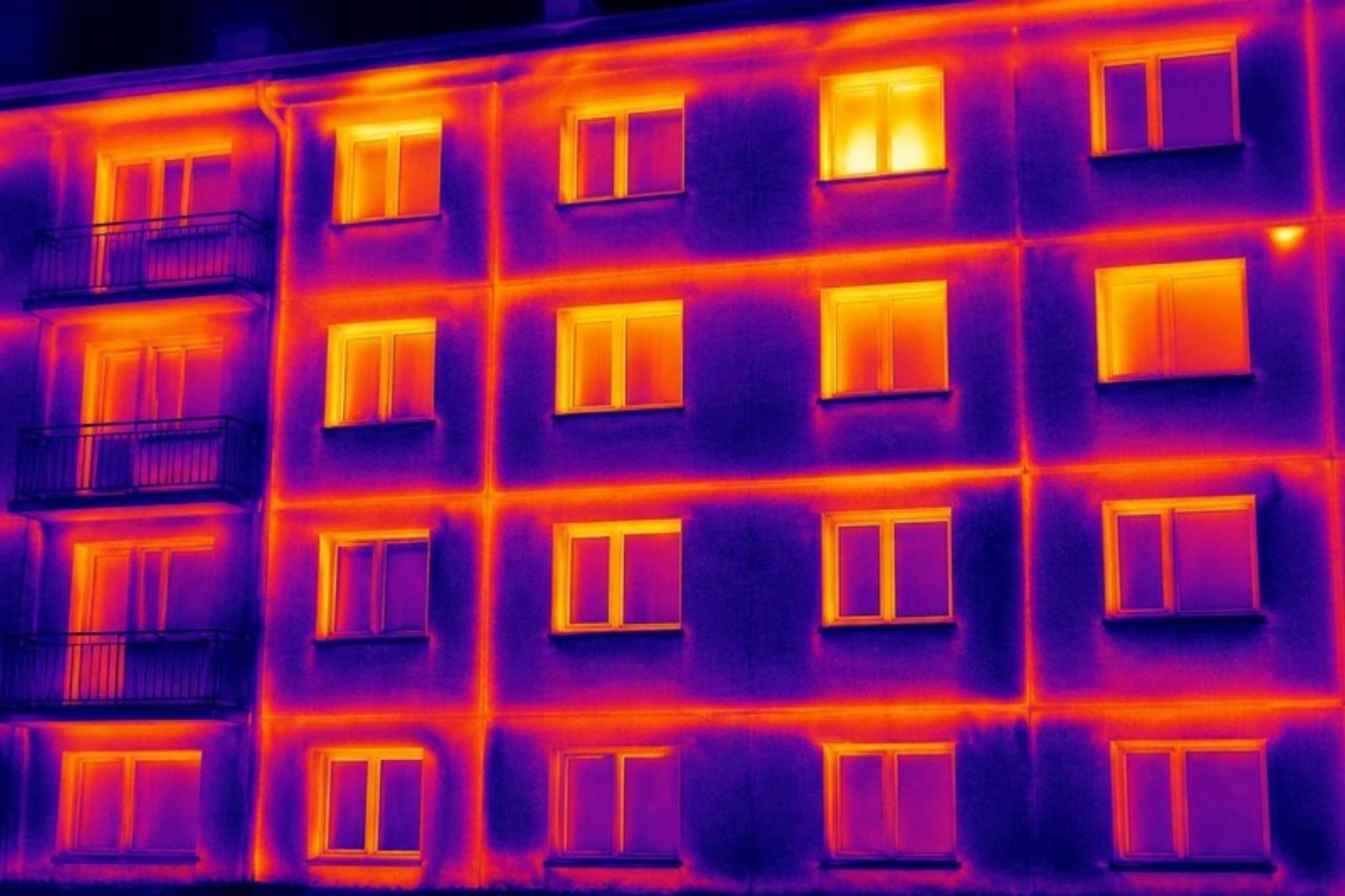 Thermographie d’une façade montrant les déperditions de chaleur et les ponts thermiques